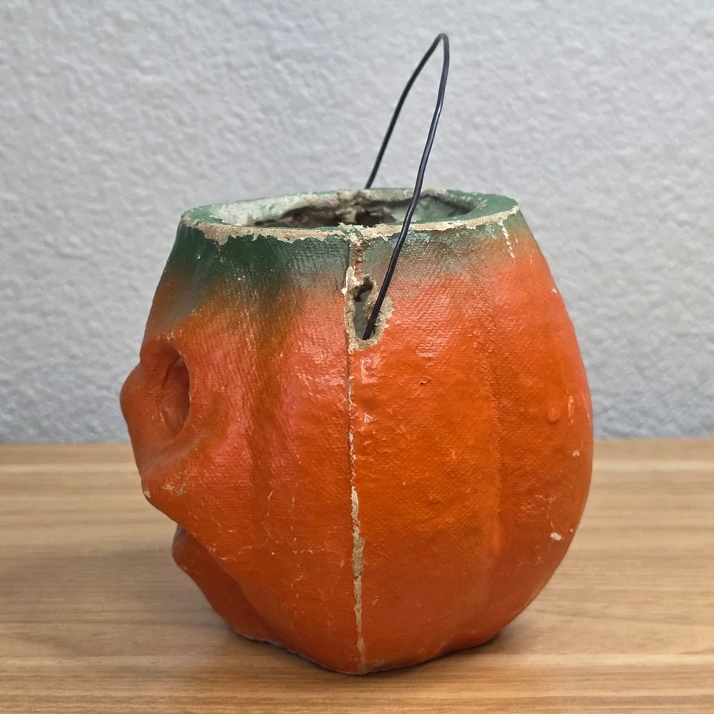All-Original Antique Vintage Halloween Paper Mache Pulp Jack o' Lantern, 30s-40s